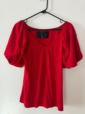 Zara Red Puff Sleeve Scoop Neck Top